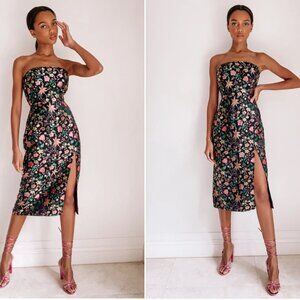 Lulus Black Satin Floral Jacquard Strapless Midi Dress